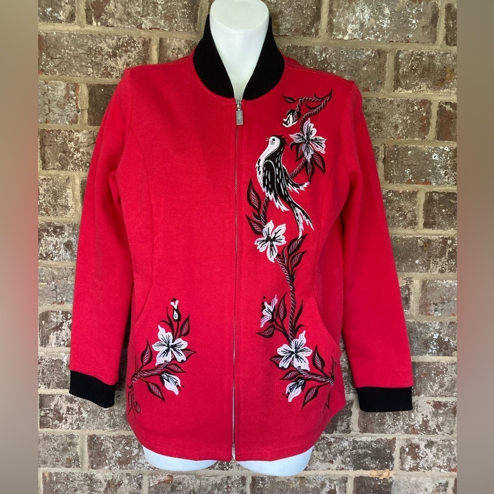 Bob Mackie Wearable Art zip up Bird Cardigan Size Small Red Black